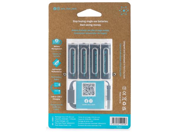 Pale Blue Li-Ion Rechargeable AA Battery 4-pack AA w/ 4x1 charging cable USB-C 
