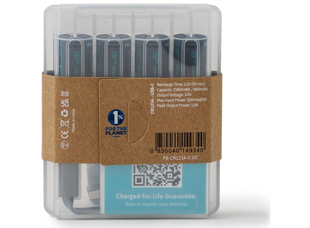 Pale Blue CR123 Rechargeable Batteries 4-Pack, including Charging Cable 
