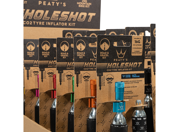 Peaty's Holeshot CO2 Tyre Inflator POS Box - 6x16g/6x25g - Mixed Colours 