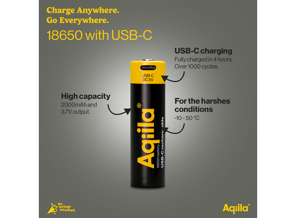Aqiila Rechargable 18650 Battery USB-C, Lithium, 3.7V/2000mAh 