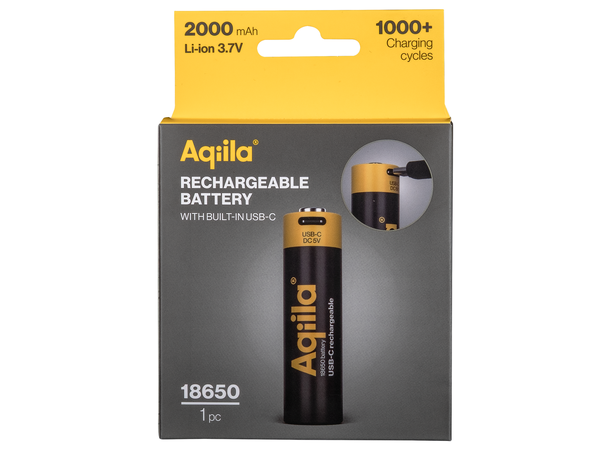 Aqiila Rechargable 18650 Battery USB-C, Lithium, 3.7V/2000mAh 