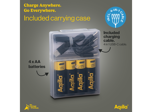 Aqiila Rechargable AA Battery, 4-pack USB-C, Lithium, 1.5V/2000mAh 