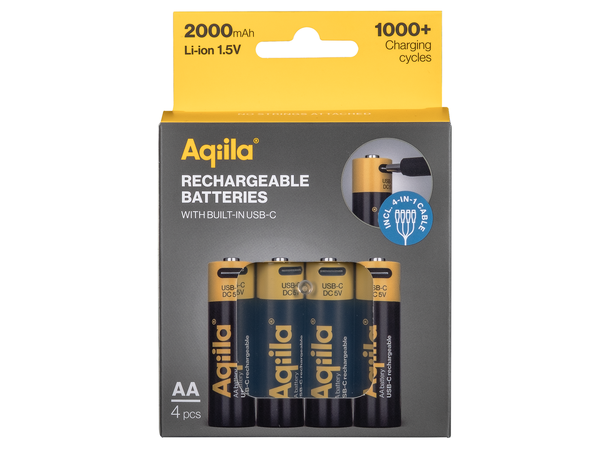 Aqiila Rechargable AA Battery, 4-pack USB-C, Lithium, 1.5V/2000mAh 