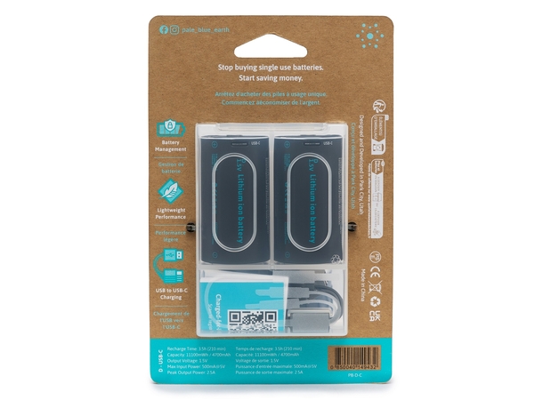 Pale Blue Li-Ion Rechargeable D Battery 2 pack of Dcells with 2x1 USB-C cable 