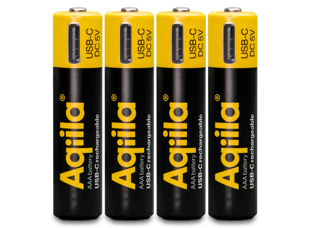 Aqiila Rechargable AAA Battery, 4-pack USB-C, Lithium, 1.5V/600mAh 