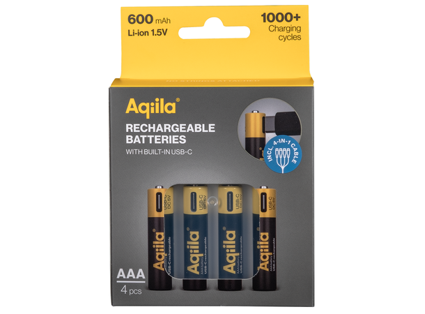 Aqiila Rechargable AAA Battery, 4-pack USB-C, Lithium, 1.5V/600mAh 