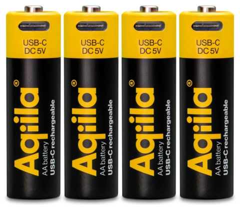 Aqiila Rechargable AA Battery, 4-pack USB-C, Lithium, 1.5V/2000mAh