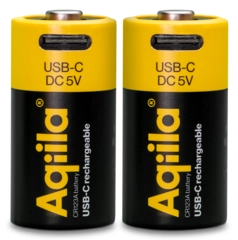 Aqiila Rechargable CR123A Battery 2-pack USB-C, Lithium, 3V/750mAh