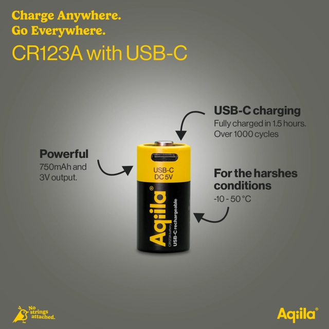 Aqiila Rechargable CR123A Battery 2-pack USB-C, Lithium, 3V/750mAh 