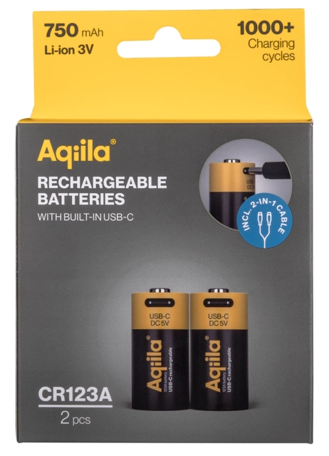 Aqiila Rechargable CR123A Battery 2-pack USB-C, Lithium, 3V/750mAh 
